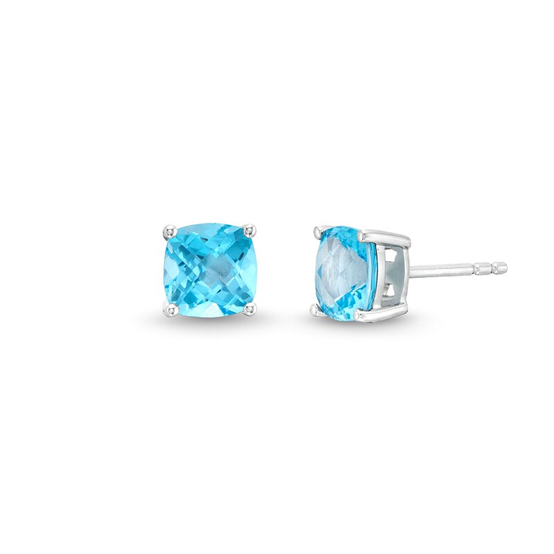 Main Image 1 of 7.0mm Faceted Cushion-Shaped Swiss Blue Topaz Stud Earrings in Sterling Silver