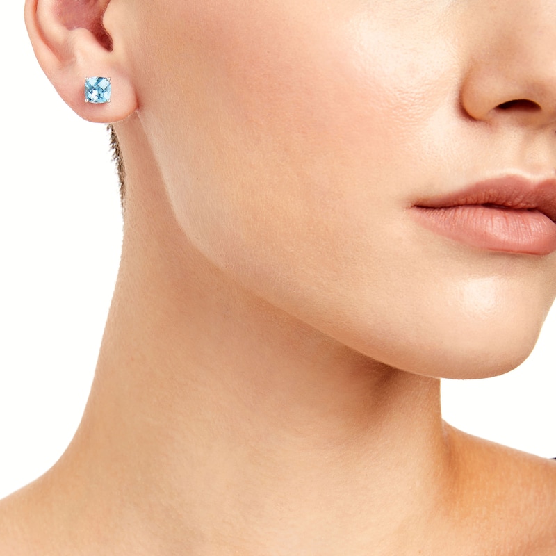 Main Image 2 of 7.0mm Faceted Cushion-Shaped Swiss Blue Topaz Stud Earrings in Sterling Silver