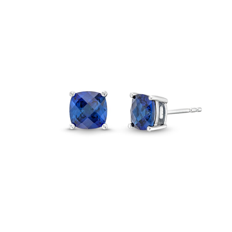 Main Image 1 of 7.0mm Faceted Cushion-Cut Blue Lab-Created Sapphire Stud Earrings in Sterling Silver