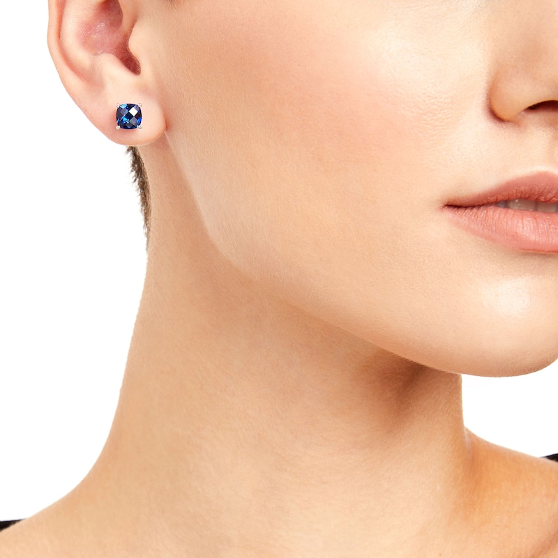Main Image 2 of 7.0mm Faceted Cushion-Cut Blue Lab-Created Sapphire Stud Earrings in Sterling Silver