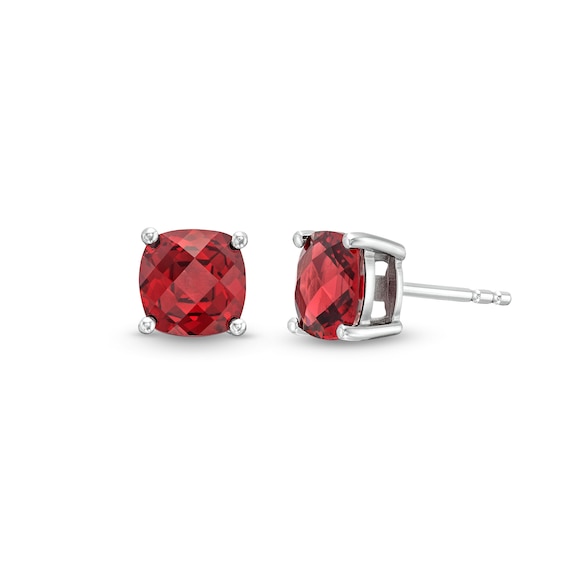 7.0mm Faceted Cushion-Cut Garnet Stud Earrings in Sterling Silver