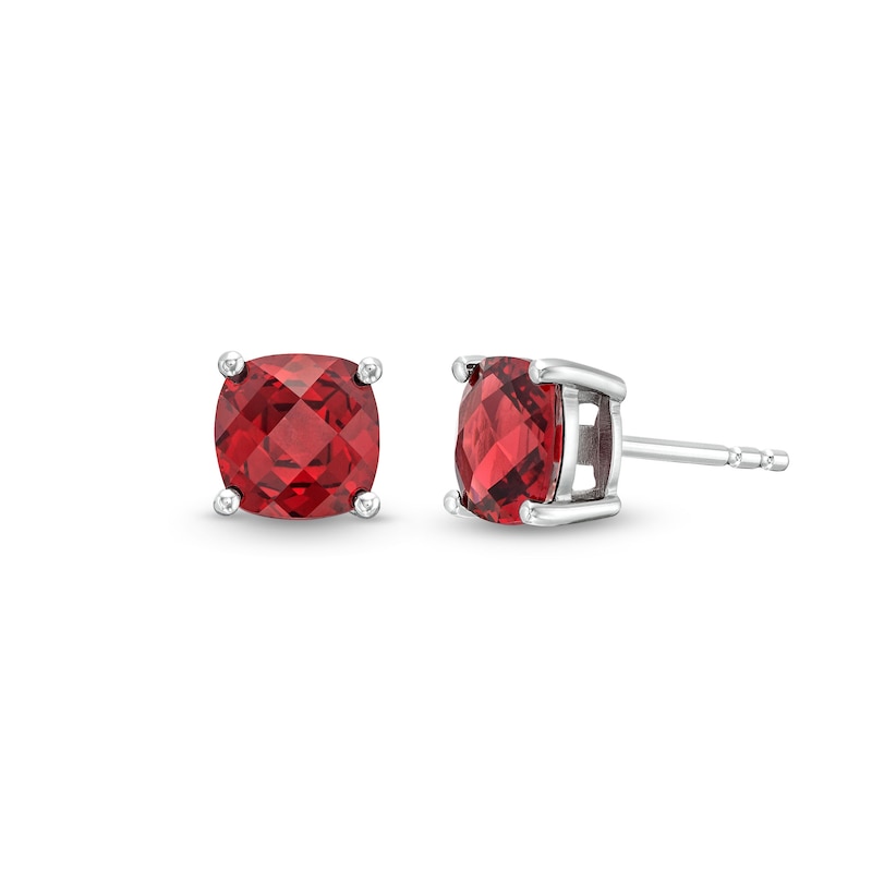 Main Image 1 of 7.0mm Faceted Cushion-Cut Garnet Stud Earrings in Sterling Silver