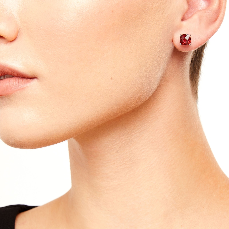 Main Image 2 of 7.0mm Faceted Cushion-Cut Garnet Stud Earrings in Sterling Silver