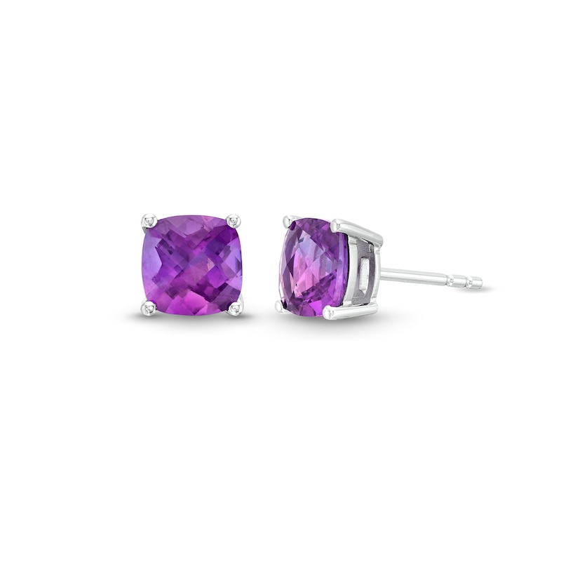 Main Image 1 of 7.0mm Faceted Cushion-Shaped Amethyst Stud Earrings in Sterling Silver