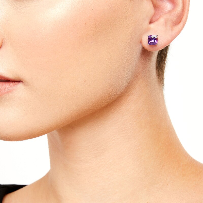 Main Image 2 of 7.0mm Faceted Cushion-Shaped Amethyst Stud Earrings in Sterling Silver