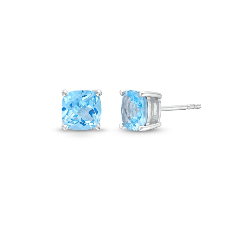 Main Image 1 of 7.0mm Faceted Cushion-Cut Blue Lab-Created Spinel Stud Earrings in Sterling Silver