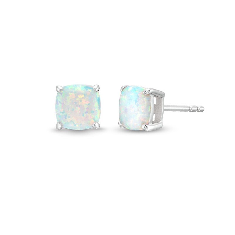 Main Image 1 of 7.0mm Cushion-Cut Lab-Created Opal Stud Earrings in Sterling Silver