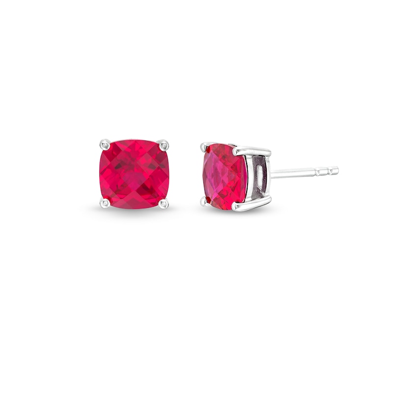 7.0mm Faceted Cushion-Cut Lab-Created Ruby Stud Earrings in Sterling Silver