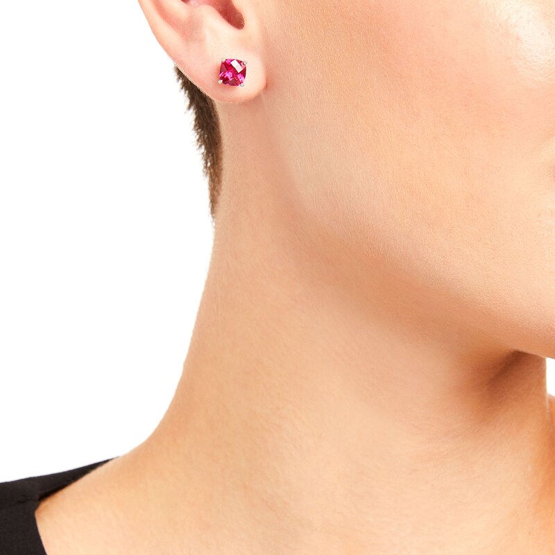Main Image 2 of 7.0mm Faceted Cushion-Cut Lab-Created Ruby Stud Earrings in Sterling Silver