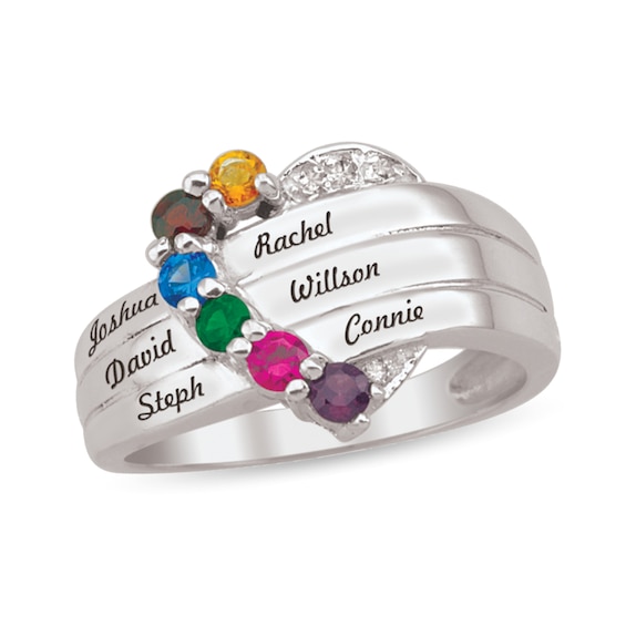 Gemstone and Diamond Accent Engravable Heart Ring (6 Stones and Lines)