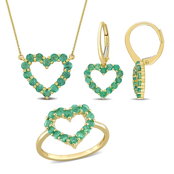 Emerald Heart Necklace, Ring and Drop Earrings Set in 10K Gold