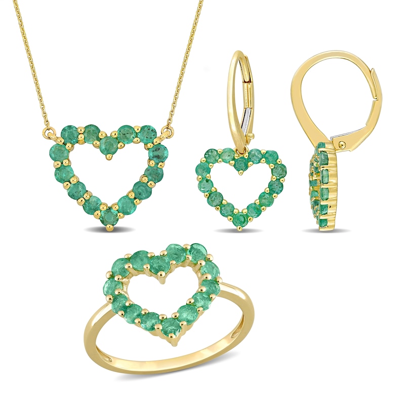 Main Image 1 of Emerald Heart Necklace, Ring and Drop Earrings Set in 10K Gold