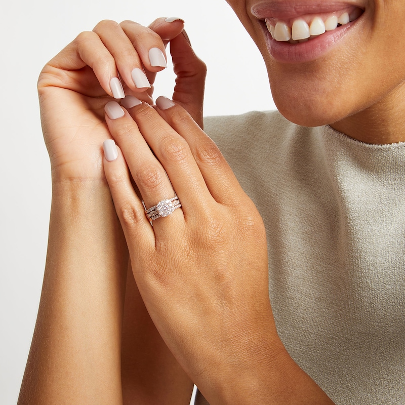 Main Image 2 of 1-1/2 CT. T.W. Cushion Multi-Diamond Twist Shank Three Piece Bridal Set in 10K Rose Gold