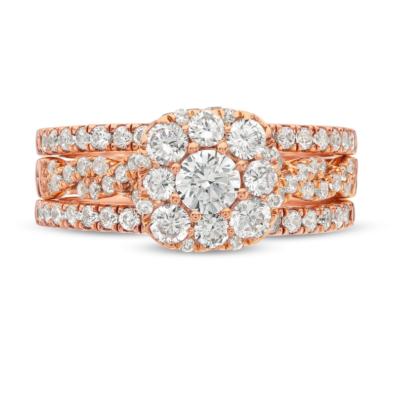 Main Image 4 of 1-1/2 CT. T.W. Cushion Multi-Diamond Twist Shank Three Piece Bridal Set in 10K Rose Gold