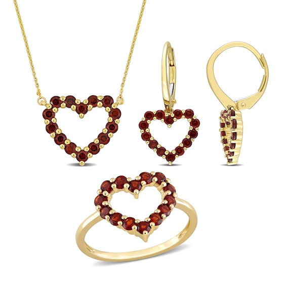 Garnet Heart Necklace, Ring and Drop Earrings Set 10K Gold