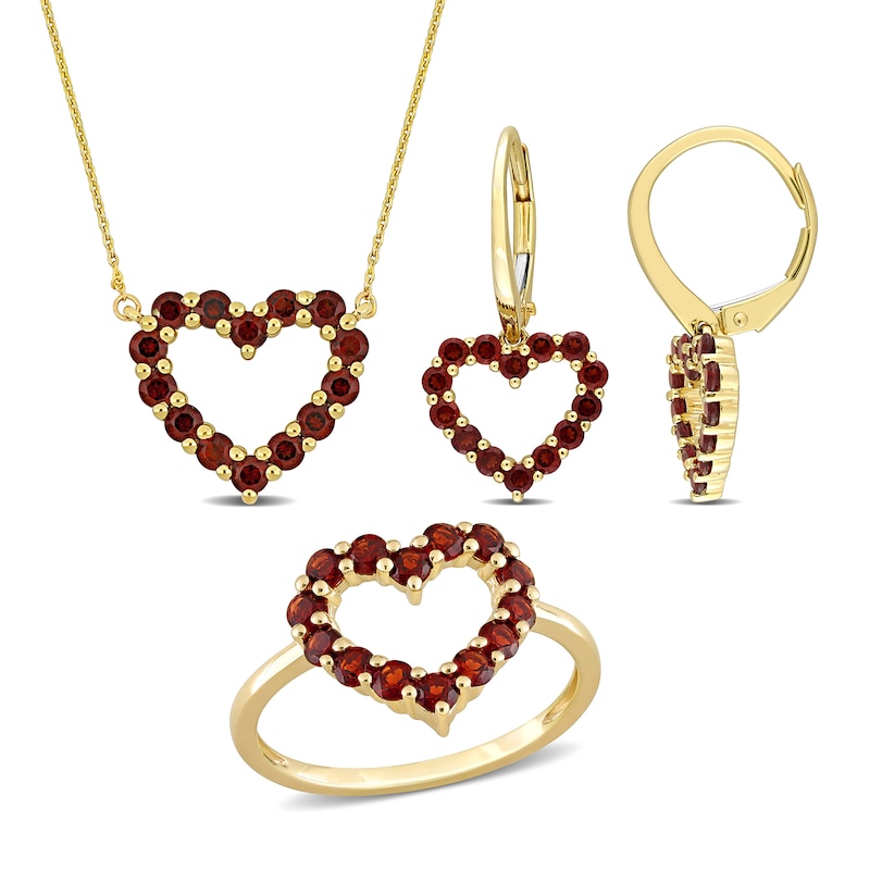 Main Image 1 of Garnet Heart Necklace, Ring and Drop Earrings Set in 10K Gold