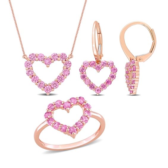 Pink Sapphire Heart Necklace, Ring and Drop Earrings Set in 10K Rose Gold
