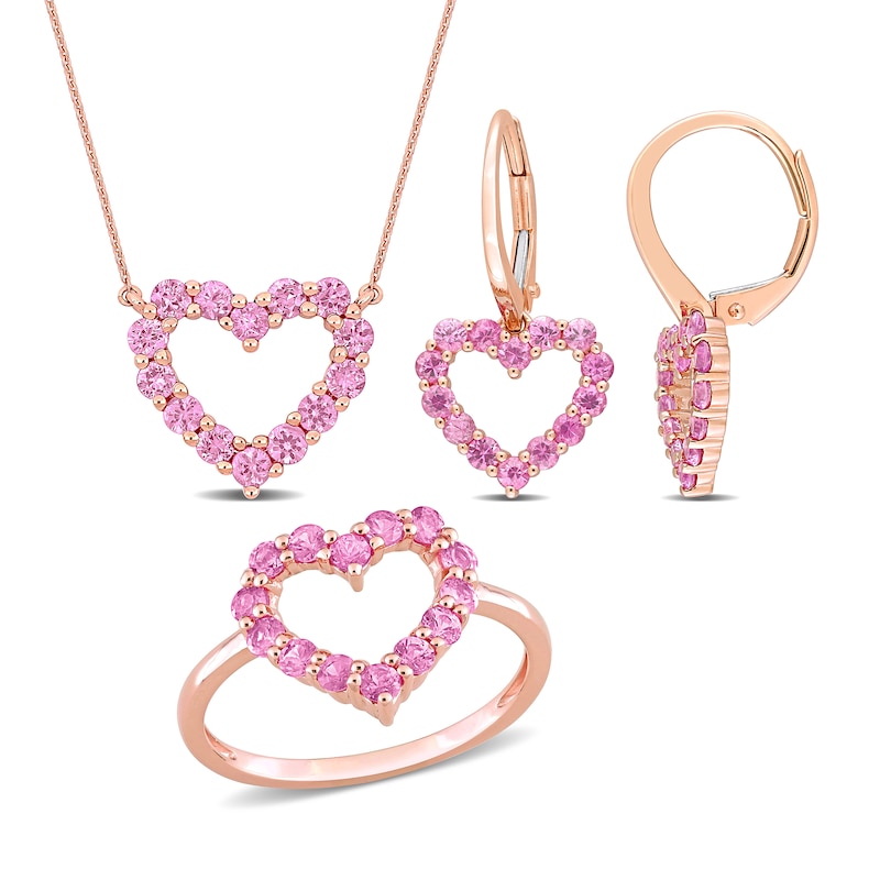 Main Image 1 of Pink Sapphire Heart Necklace, Ring and Drop Earrings Set in 10K Rose Gold