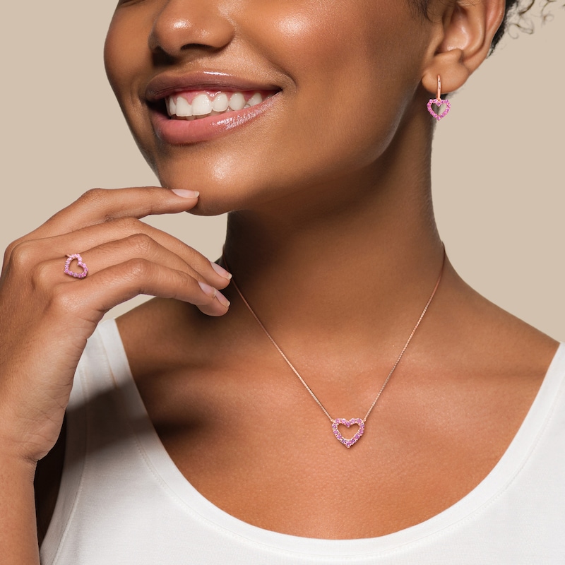 Main Image 2 of Pink Sapphire Heart Necklace, Ring and Drop Earrings Set in 10K Rose Gold