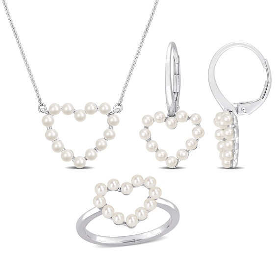 2.0-2.5mm Cultured Freshwater Pearl Heart Necklace, Ring and Drop Earrings Set in 14K White Gold