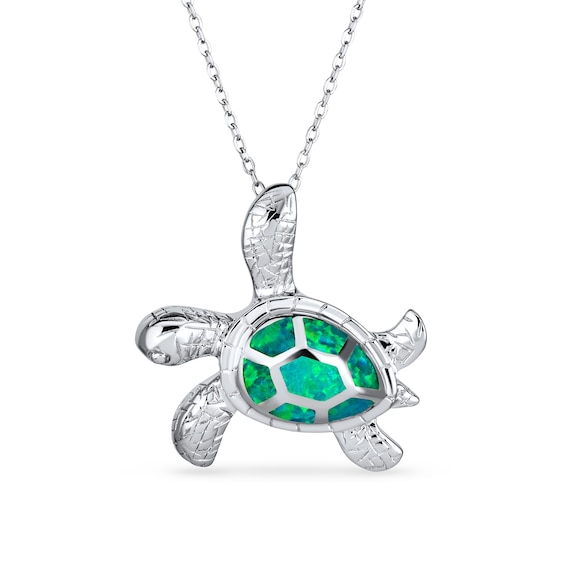 Blue Lab-Created Opal Sideways Turtle Pendant in Sterling Silver