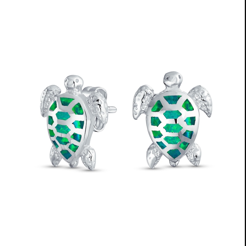 Main Image 1 of Green Lab-Created Opal Turtle Stud Earrings in Sterling Silver