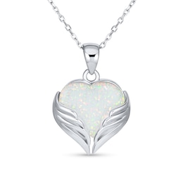 12.0mm Heart-Shaped Lab-Created Opal Embracing Wings Pendant in Sterling Silver - 16"