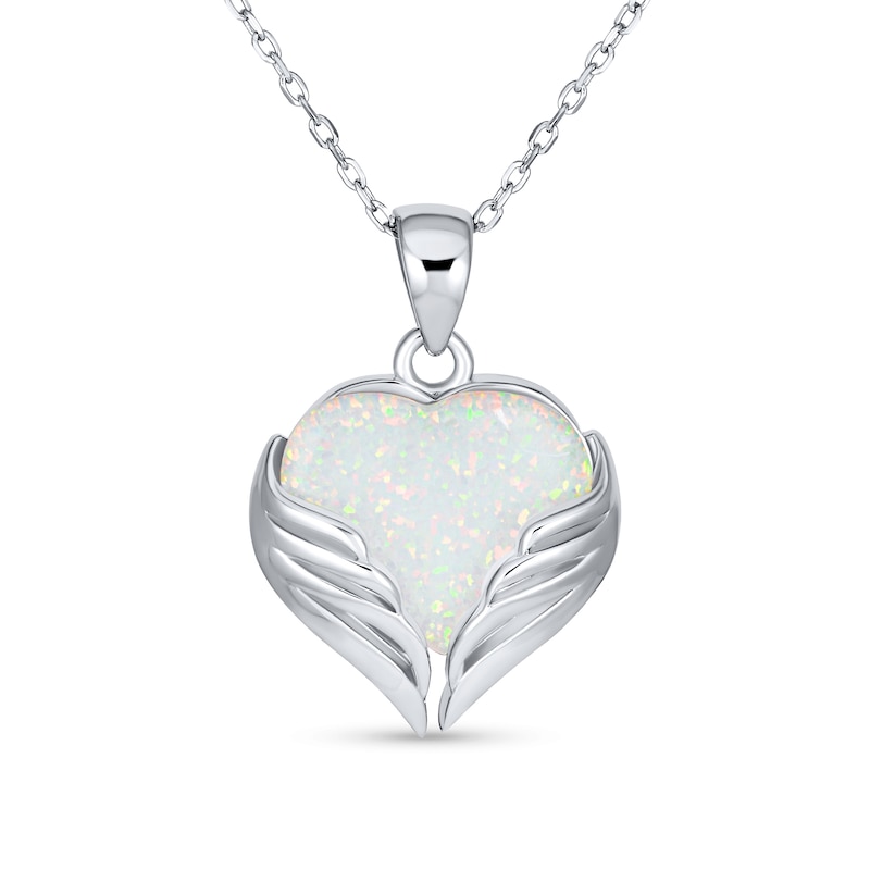 Main Image 1 of 12.0mm Heart-Shaped Lab-Created Opal Embracing Wings Pendant in Sterling Silver - 16"