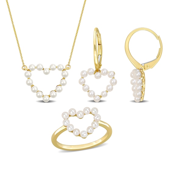 Cultured Freshwater Pearl Outline Heart Necklace, Ring and Drop Earrings Set in 14K Gold