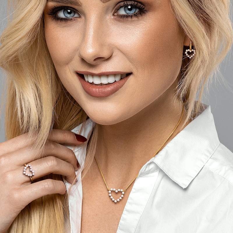 Main Image 2 of Freshwater Cultured Pearl Outline Heart Necklace, Ring and Drop Earrings Set in 14K Gold