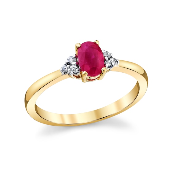 Oval Ruby and 1/10 CT. T.w. Diamond Tri-Sides Ring in 14K Gold