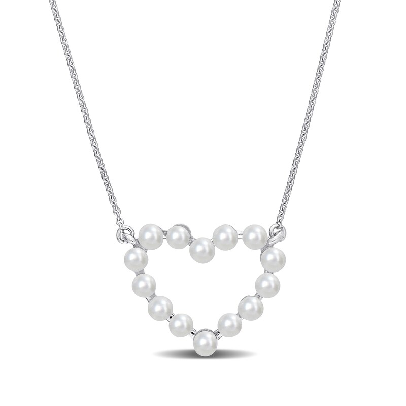 Freshwater Cultured Pearl Outline Heart Necklace in 14K White Gold-17"