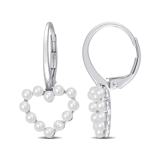 Freshwater Cultured Pearl Outline Heart Drop Earrings in 14K White Gold