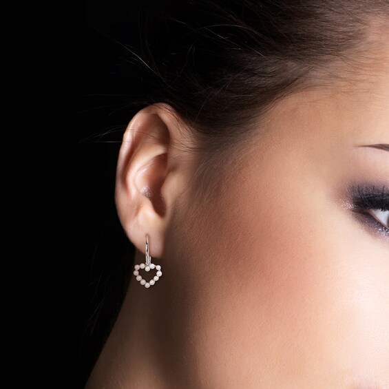 Freshwater Cultured Pearl Outline Heart Drop Earrings in 14K White Gold