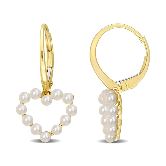 Freshwater Cultured Pearl Outline Heart Drop Earrings in 14K Gold