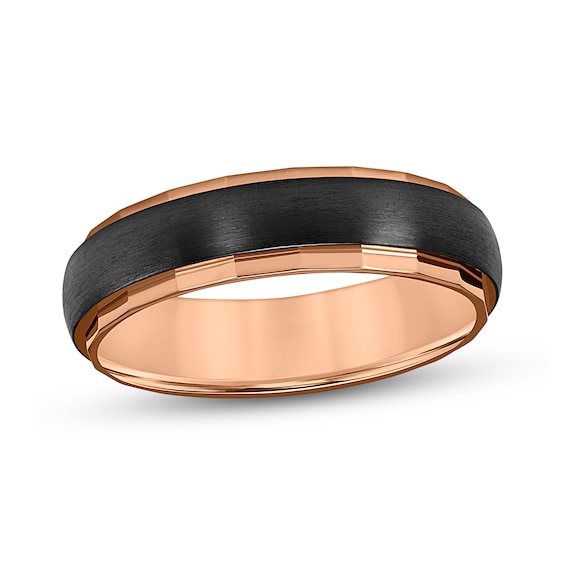 6.0mm Faceted Edge Satin Textured Center Stripe Engravable Wedding Band in Two-Tone Titanium (1 Line)