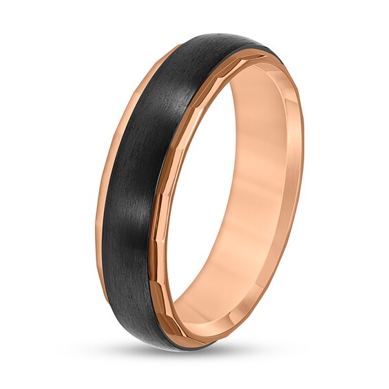 6.0mm Faceted Edge Satin Textured Center Stripe Engravable Wedding Band in Two-Tone Titanium (1 Line)