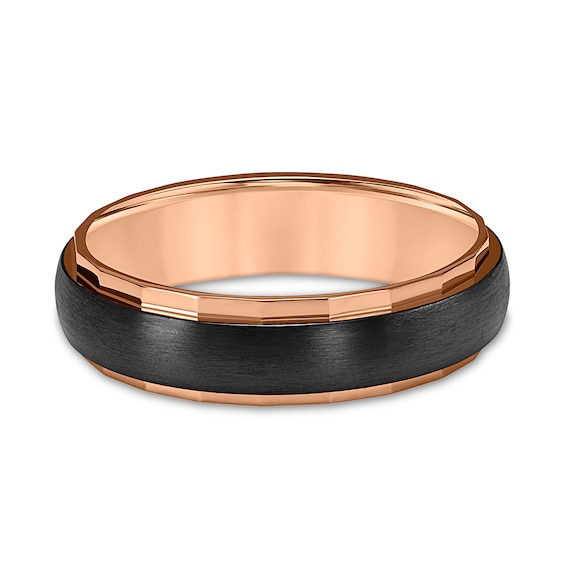 6.0mm Faceted Edge Satin Textured Center Stripe Engravable Wedding Band in Two-Tone Titanium (1 Line)