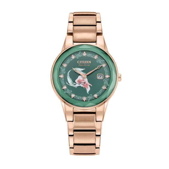 Ladies' Citizen Eco-Drive® Disney Ariel Crystal Accent Rose-Tone Watch with Green Dial and Pin Set (Model: Ga1073-63W)