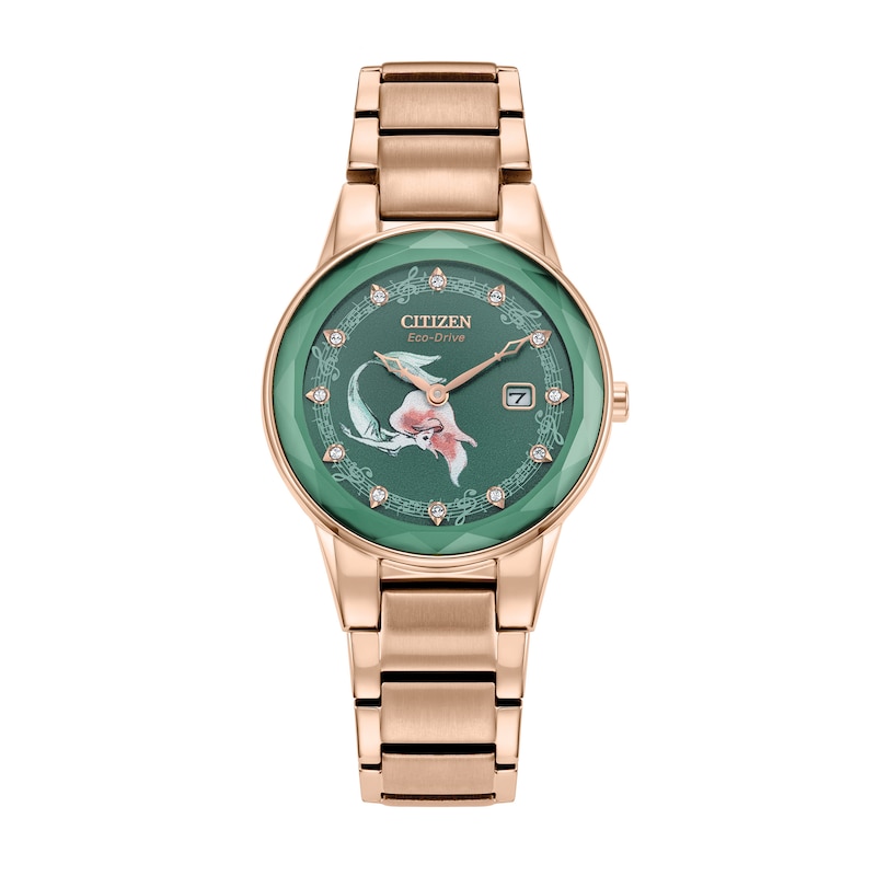 Ladies' Citizen Eco-Drive® Disney Ariel Crystal Accent Rose-Tone Watch with Green Dial and Pin Set (Model: GA1073-63W)