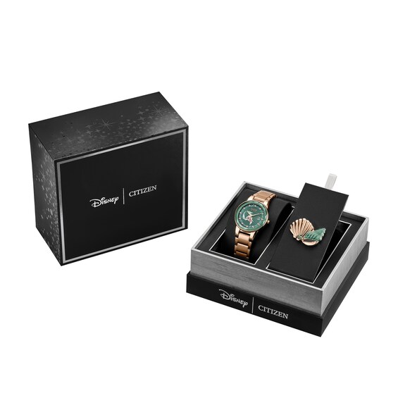 Ladies' Citizen Eco-DriveÂ® Disney Ariel Crystal Accent Rose-Tone Watch with Green Dial and Pin Set (Model: Ga1073-63W)