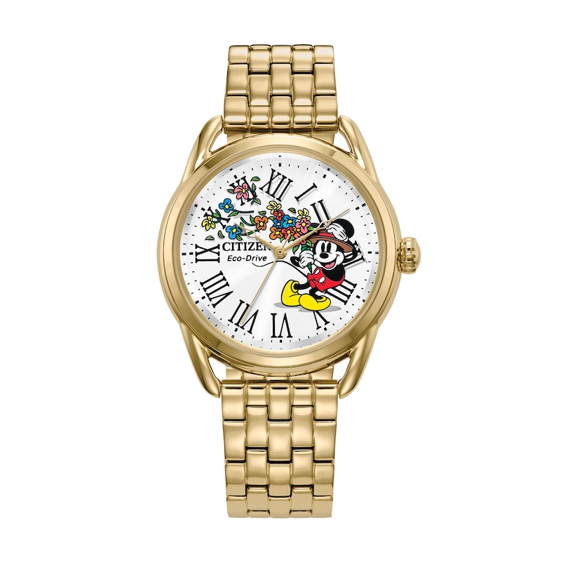 Ladies' Citizen Eco-Drive® Mickey Mouse with Flowers Gold-Tone Watch (Model:FE7093-57W)