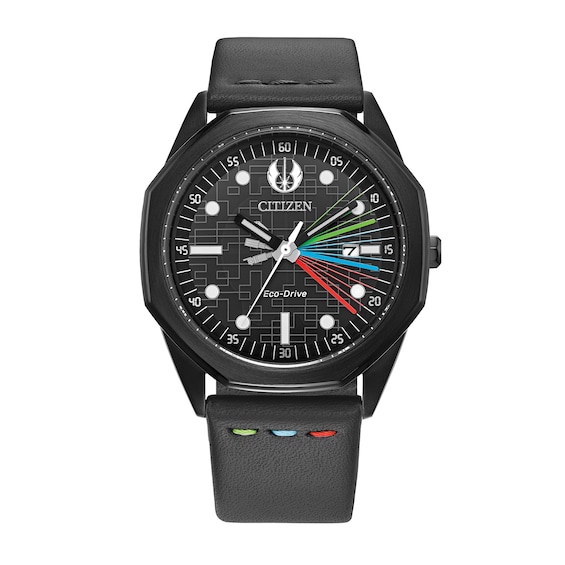 Men's Citizen Eco-DriveÂ® Star Warsâ¢ Lightsabersâ¢ Black Leather Strap Watch with Black Dial (Model: Bm7498-00W)