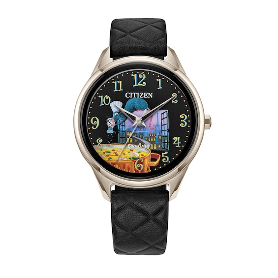 Ladies' Citizen Pixar Ratatouille Black Leather Strap Watch with Black Dial (Model: Fe7103-04W)