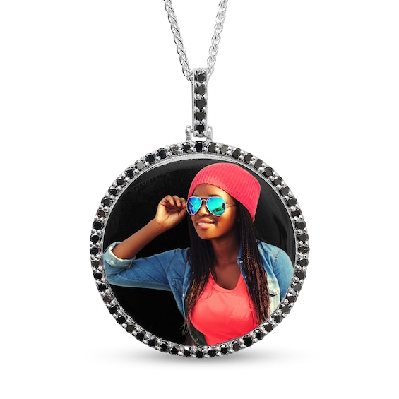 Men's 1-1/4 CT. T.w. Black Diamond Frame Engravable Photo Circle Pendant in Sterling Silver (1 Image and 3 Lines) - 22"