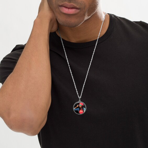 Men's 1-1/4 CT. T.w. Black Diamond Frame Engravable Photo Circle Pendant in Sterling Silver (1 Image and 3 Lines) - 22"