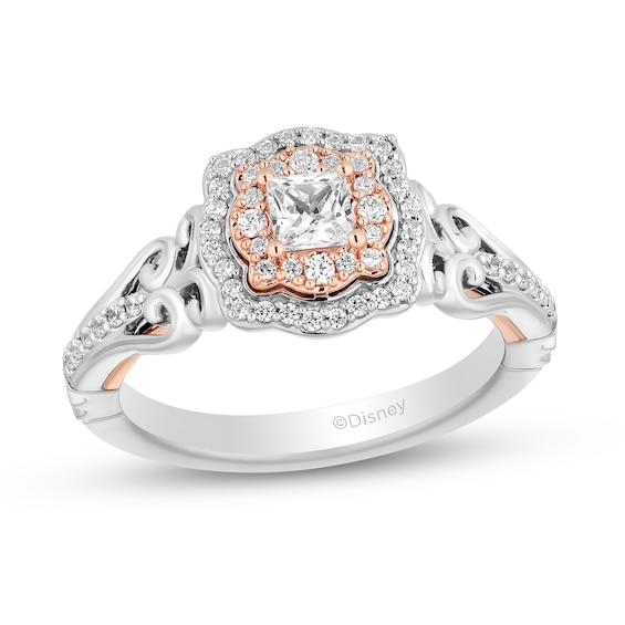 Enchanted Disney Belle 5/8 CT. T.w. Princess-Cut Diamond Ornate Engagement Ring in 14K Two-Tone Gold
