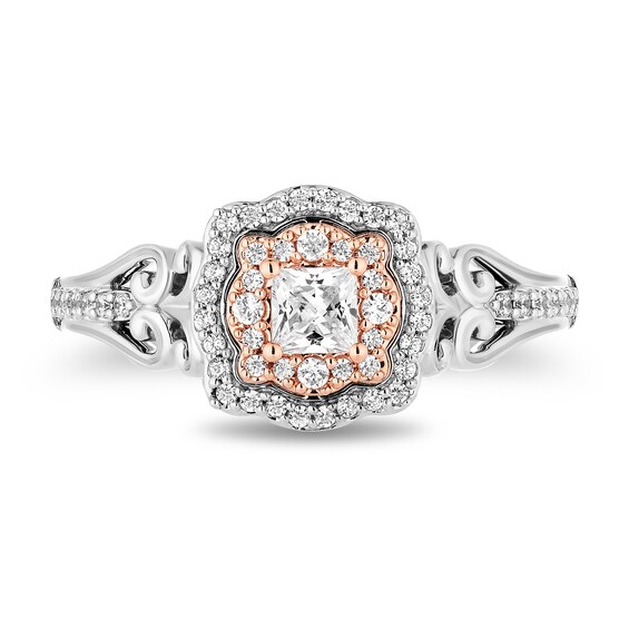Enchanted Disney Belle 5/8 CT. T.w. Princess-Cut Diamond Ornate Engagement Ring in 14K Two-Tone Gold