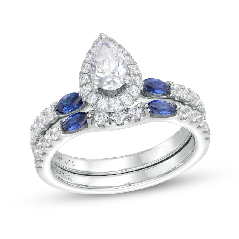 Main Image 1 of Vera Wang Love Collection 1 CT. T.W. Pear-Shaped Diamond and Marquise Blue Sapphire Bridal Set in 14K White Gold