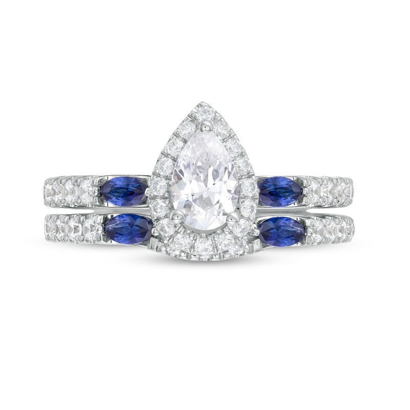 Vera Wang Love Collection 1 CT. T.W. Pear-Shaped Diamond and Marquise Blue Sapphire Bridal Set in 14K White Gold